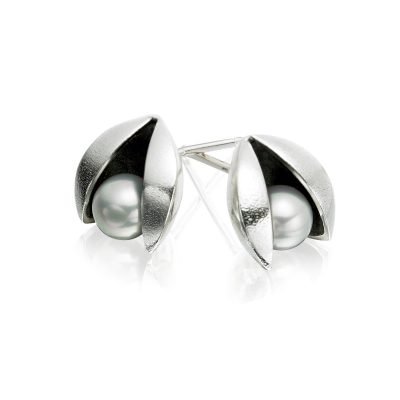 Grey Pearl and Silver Clam Stud Earrings E44