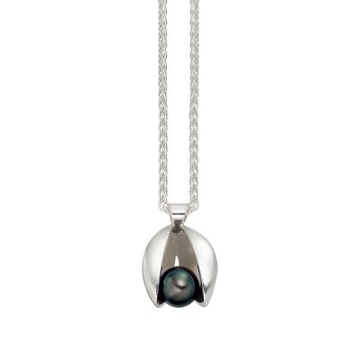 Peacock Blue Pearl and Silver Clam Pendant P07