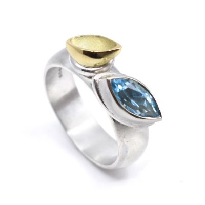 Silver ring, Swiss blue Marquise topaz and 18ct yellow gold