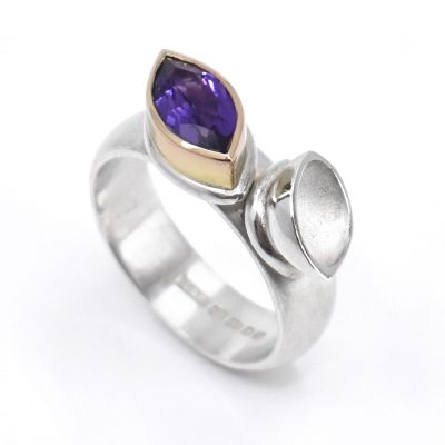 Silver ring, purple marquise amethyst and 18ct red gold
