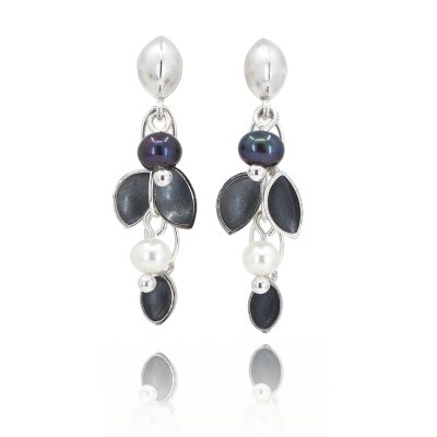 Oyster Oxidised Cluster Pearl Earrings